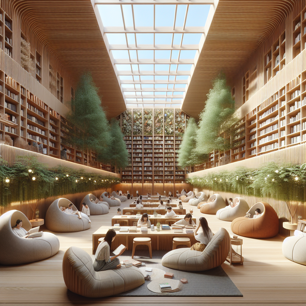 Hyperrealistic healing library with natural light, bookshelves, greenery, water features, therapy rooms, and people reading and meditating.
