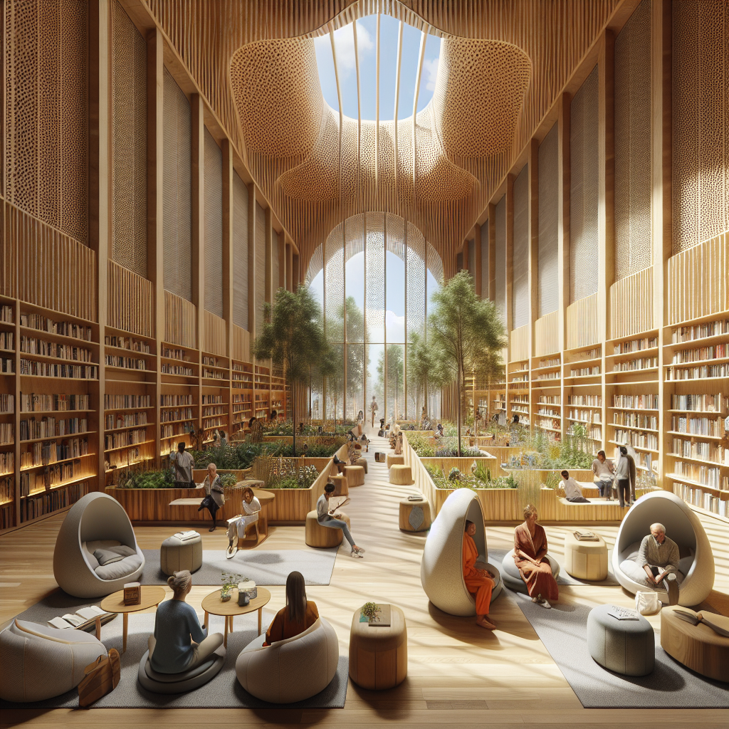 Hyperrealistic healing library with natural light, bookshelves, greenery, water features, therapy rooms, and people reading and meditating.