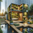 Hyperrealistic urban backyard oasis with vertical garden, modular deck furniture, LED lighting, reflecting pool, and sustainable design.