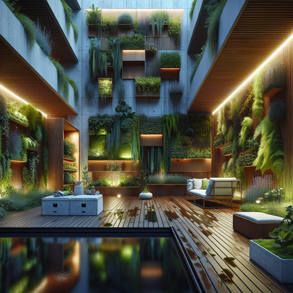 Hyperrealistic urban backyard oasis with vertical garden, modular deck furniture, LED lighting, reflecting pool, and sustainable design.