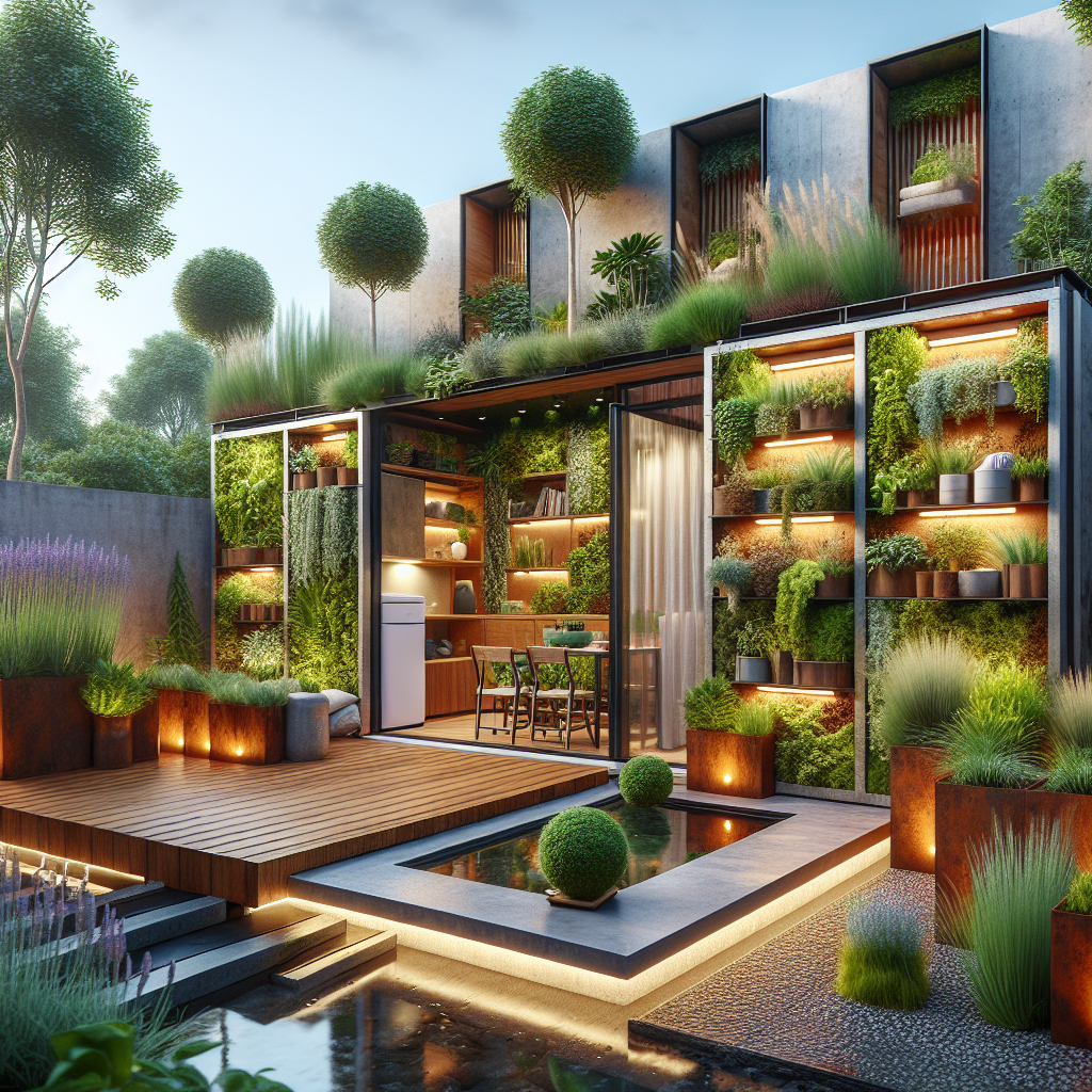 Hyperrealistic urban backyard oasis with vertical garden, modular deck furniture, LED lighting, reflecting pool, and sustainable design.