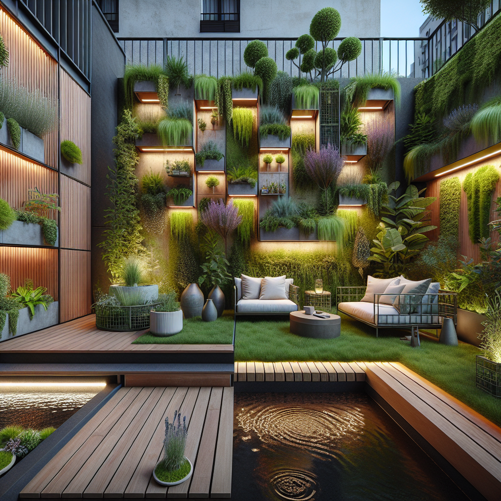 Hyperrealistic urban backyard oasis with vertical garden, modular deck furniture, LED lighting, reflecting pool, and sustainable design.