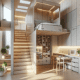 Hyperrealistic tiny house interior with smart storage, loft bed, foldable dining table, modular cabinetry, natural light, and indoor plants.