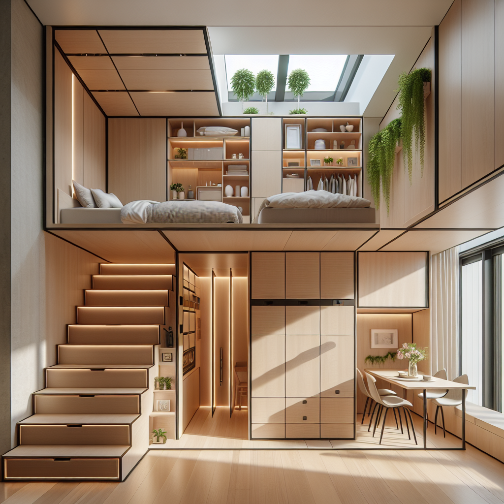 Hyperrealistic tiny house interior with smart storage, loft bed, foldable dining table, modular cabinetry, natural light, and indoor plants.
