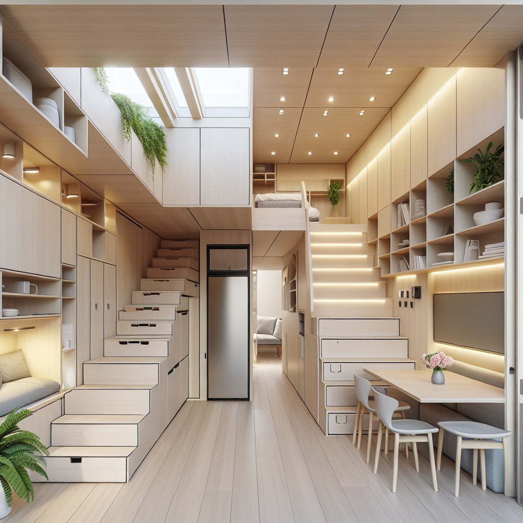 Hyperrealistic tiny house interior with smart storage, loft bed, foldable dining table, modular cabinetry, natural light, and indoor plants.