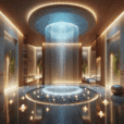 Luxurious spa-like bathroom with limestone, cedar, chromotherapy lights, cascading water features, steam, and futuristic wellness design.