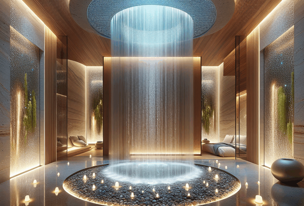 Luxurious spa-like bathroom with limestone, cedar, chromotherapy lights, cascading water features, steam, and futuristic wellness design.