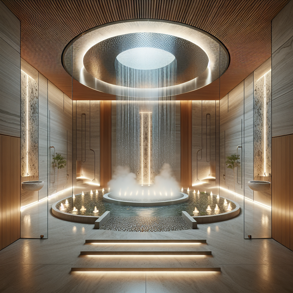 Luxurious spa-like bathroom with limestone, cedar, chromotherapy lights, cascading water features, steam, and futuristic wellness design.