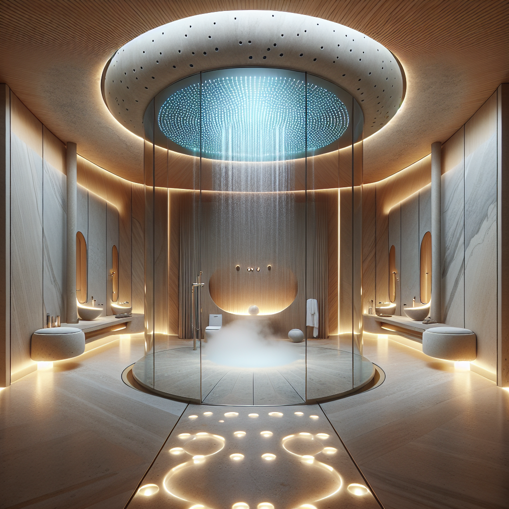 Luxurious spa-like bathroom with limestone, cedar, chromotherapy lights, cascading water features, steam, and futuristic wellness design.