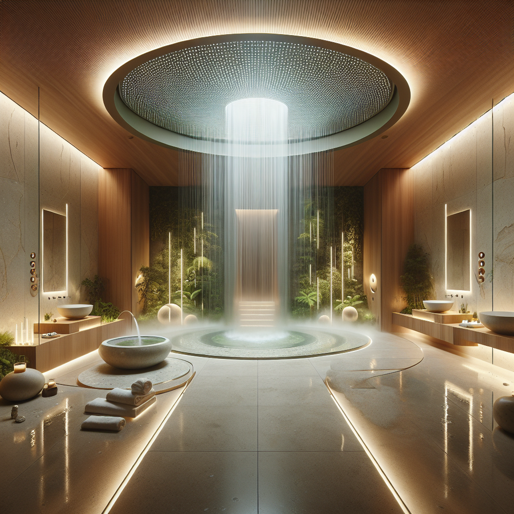 Luxurious spa-like bathroom with limestone, cedar, chromotherapy lights, cascading water features, steam, and futuristic wellness design.