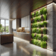 Modern kitchen with vertical herb garden, marble countertops, walnut panels, and LED lighting showcasing sustainable biophilic design.