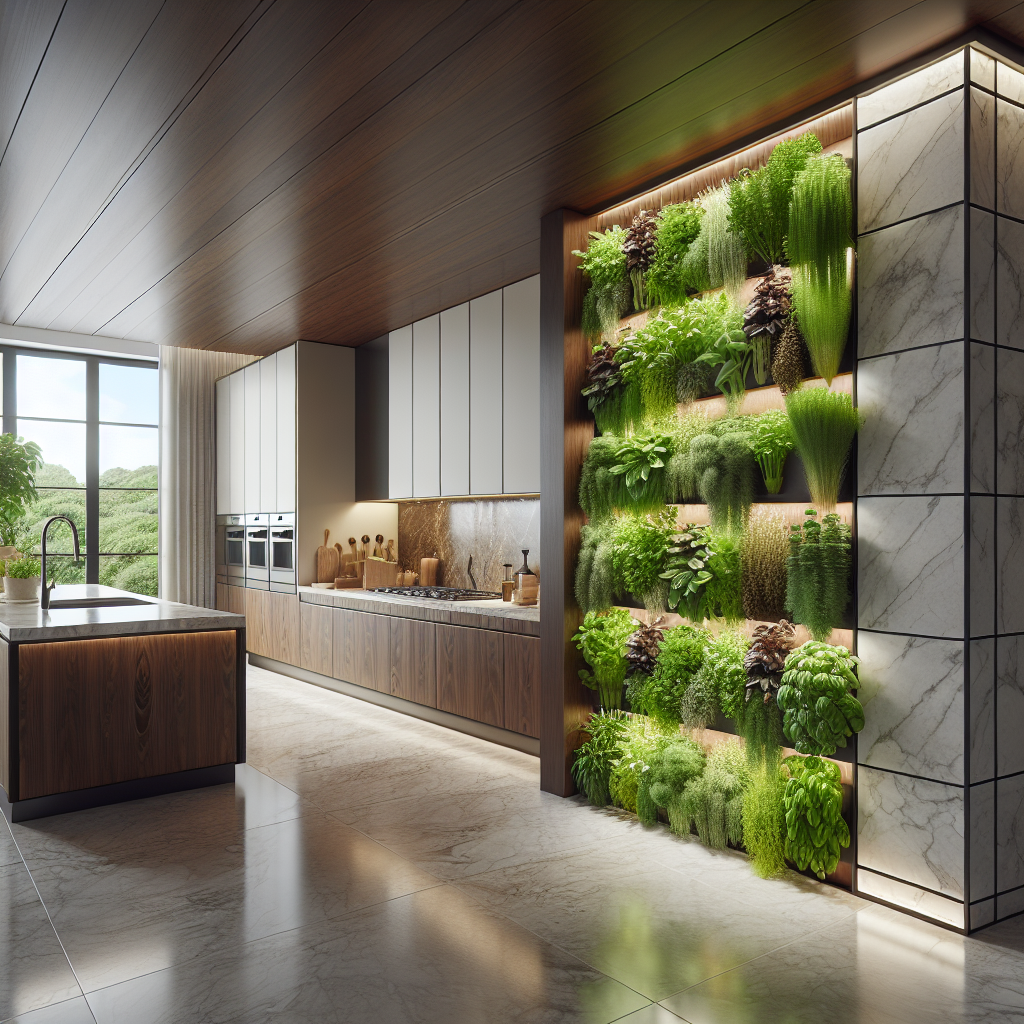 Modern kitchen with vertical herb garden, marble countertops, walnut panels, and LED lighting showcasing sustainable biophilic design.