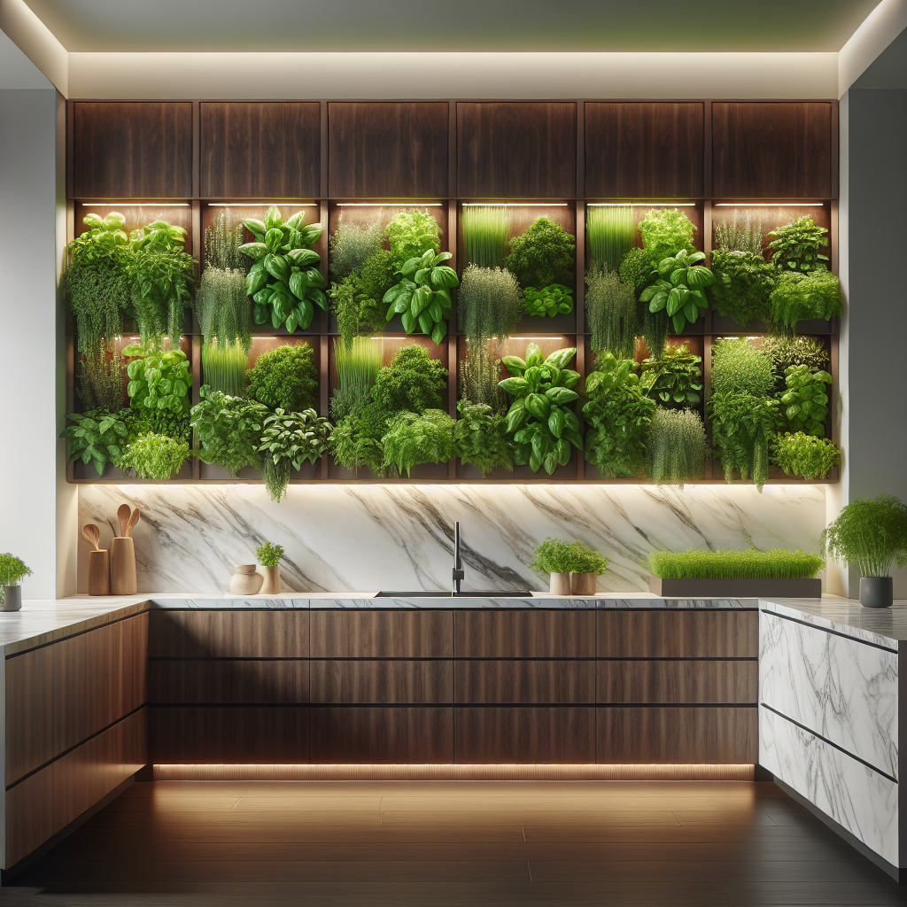 Modern kitchen with vertical herb garden, marble countertops, walnut panels, and LED lighting showcasing sustainable biophilic design.