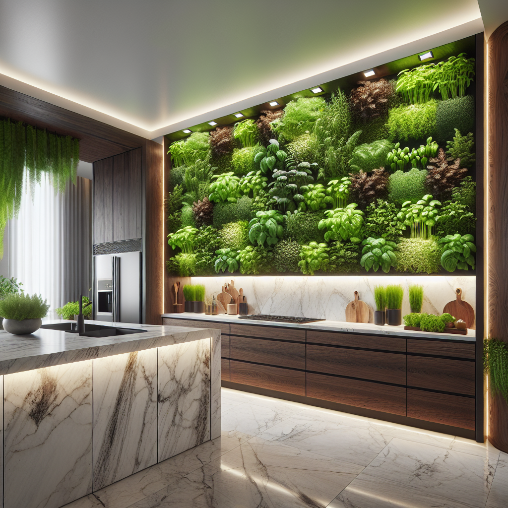 Modern kitchen with vertical herb garden, marble countertops, walnut panels, and LED lighting showcasing sustainable biophilic design.