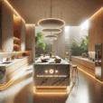 Futuristic voice-activated smart kitchen with marble island, oak cabinetry, LED feedback, and eco-friendly design elements.