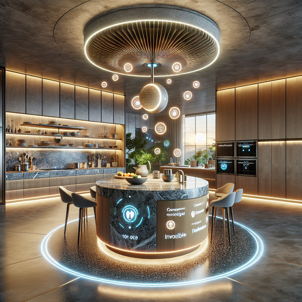 Futuristic voice-activated smart kitchen with marble island, oak cabinetry, LED feedback, and eco-friendly design elements.