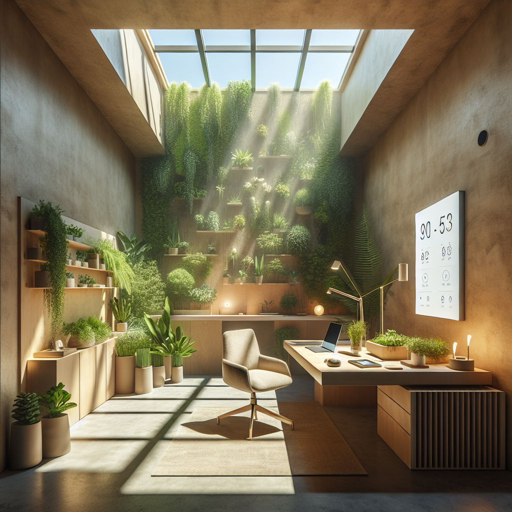 Hyperrealistic wellness home office with vertical garden, natural wood desk, smart tech, circadian lighting, and biophilic design.