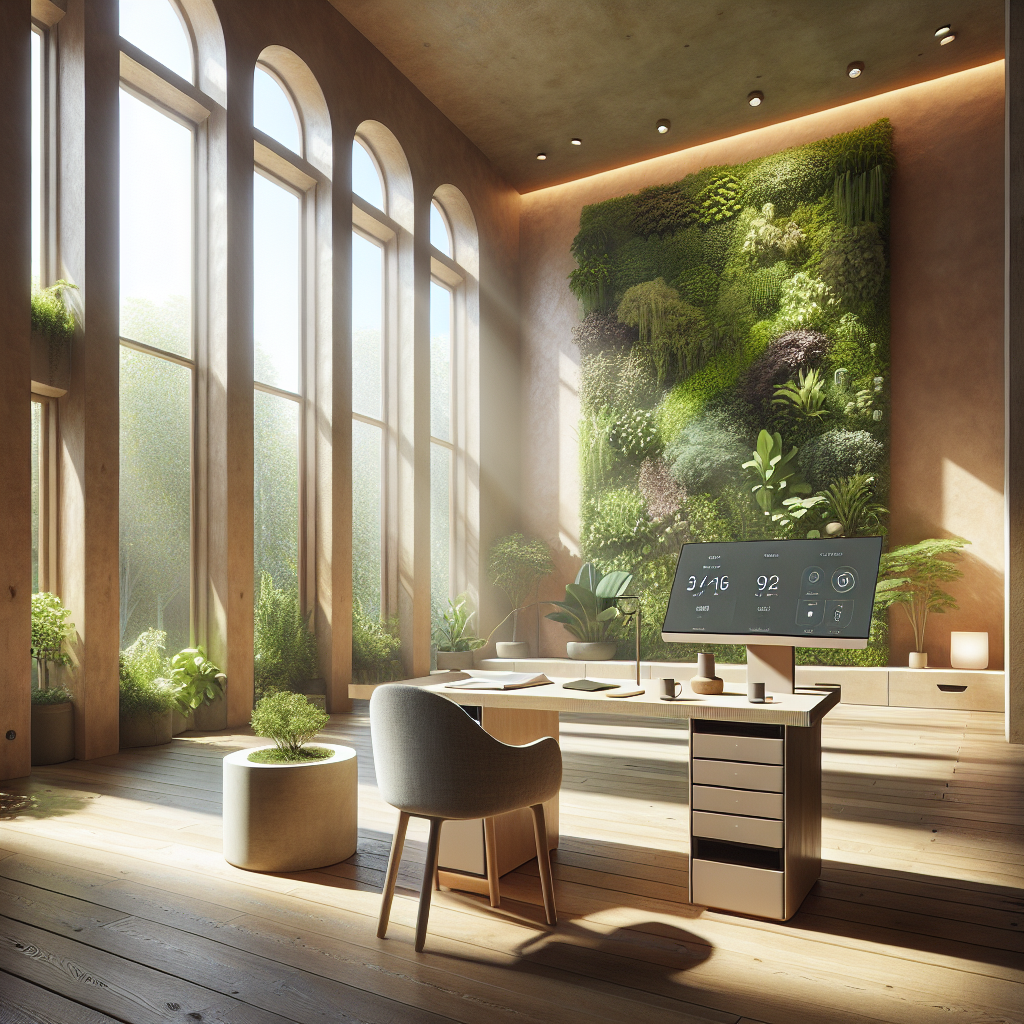 Hyperrealistic wellness home office with vertical garden, natural wood desk, smart tech, circadian lighting, and biophilic design.