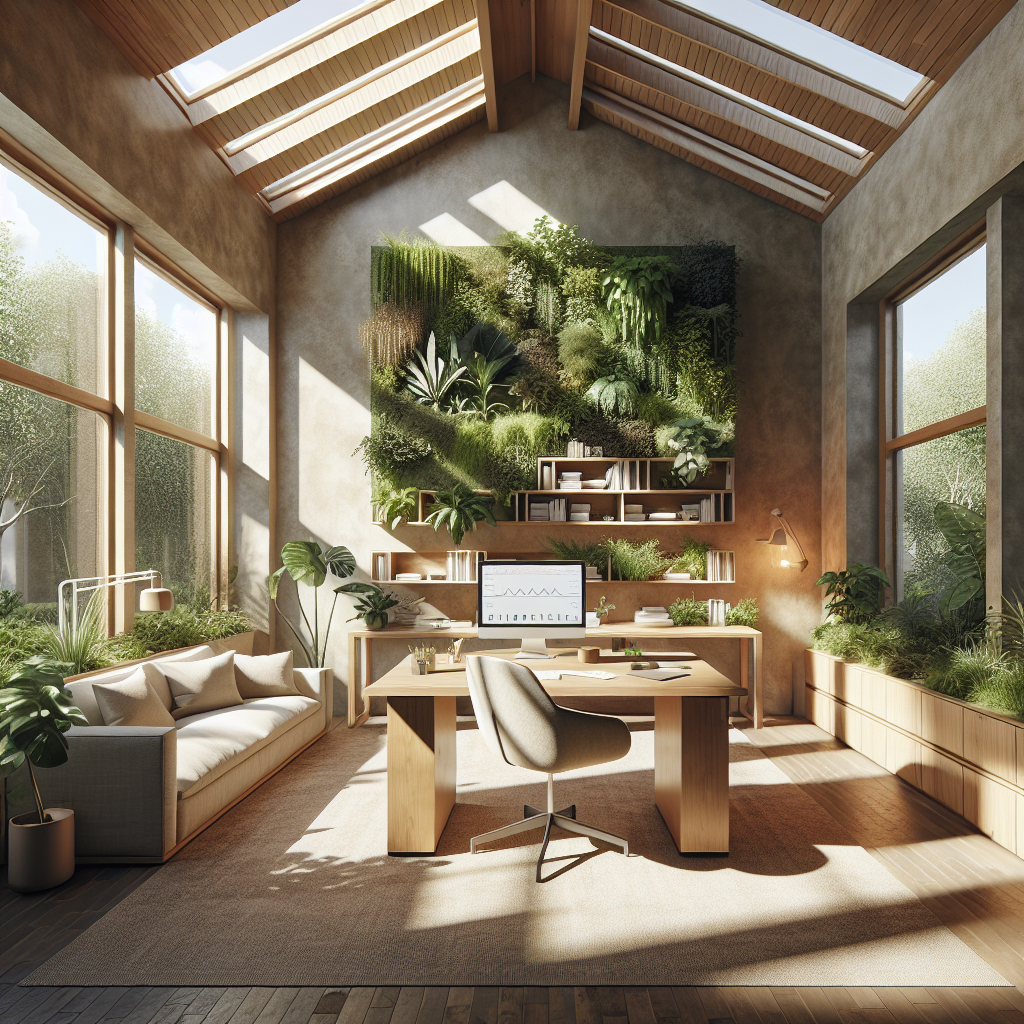 Hyperrealistic wellness home office with vertical garden, natural wood desk, smart tech, circadian lighting, and biophilic design.