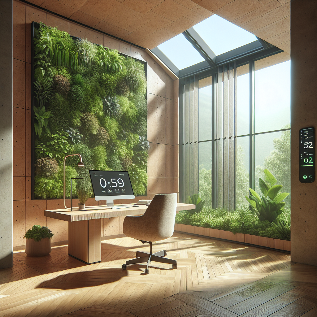 Hyperrealistic wellness home office with vertical garden, natural wood desk, smart tech, circadian lighting, and biophilic design.