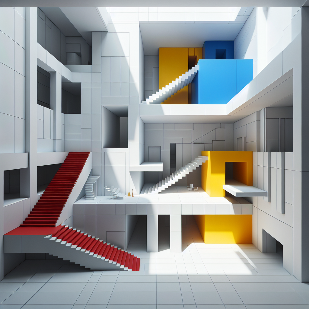 Hyperrealistic minimalist atrium with natural light, white walls, vermilion staircase, cobalt-blue wall, and lemon-yellow alcove.