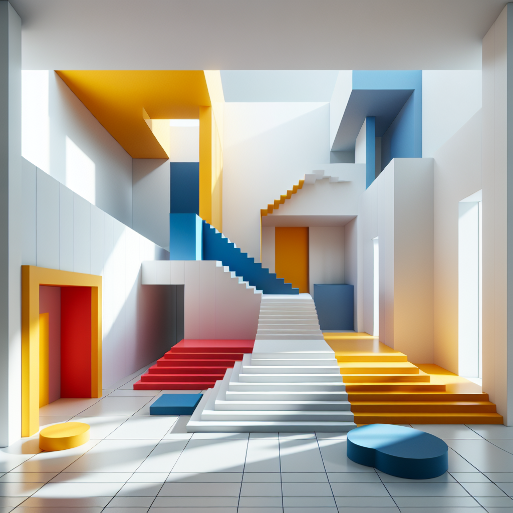 Hyperrealistic minimalist atrium with natural light, white walls, vermilion staircase, cobalt-blue wall, and lemon-yellow alcove.