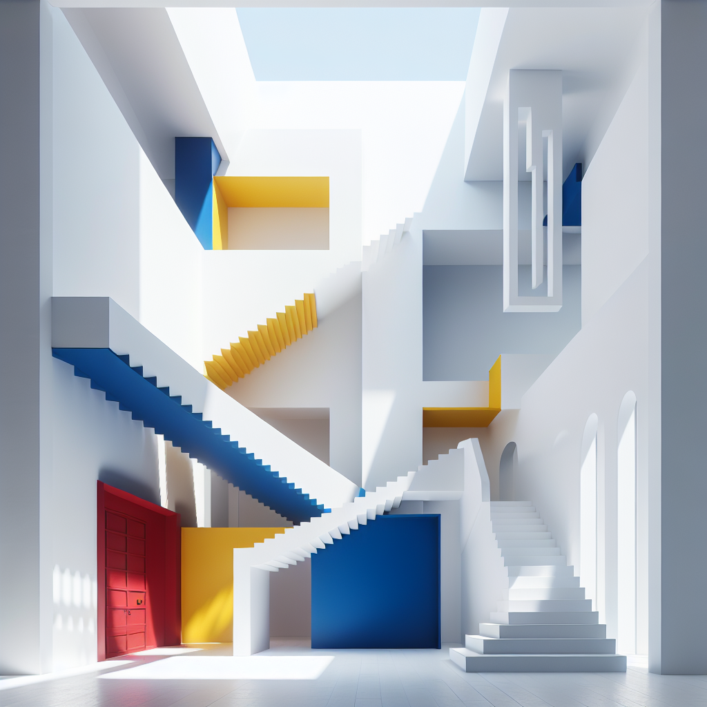 Hyperrealistic minimalist atrium with natural light, white walls, vermilion staircase, cobalt-blue wall, and lemon-yellow alcove.