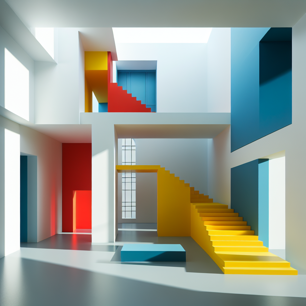 Hyperrealistic minimalist atrium with natural light, white walls, vermilion staircase, cobalt-blue wall, and lemon-yellow alcove.