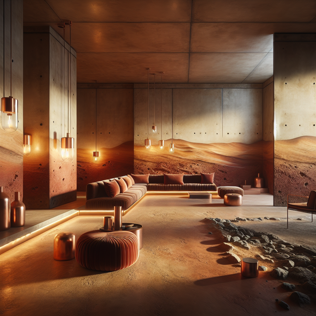 Hyperrealistic Mars-inspired minimalist interior with terracotta walls, amber lighting, copper accents, and oxblood velvet furniture.