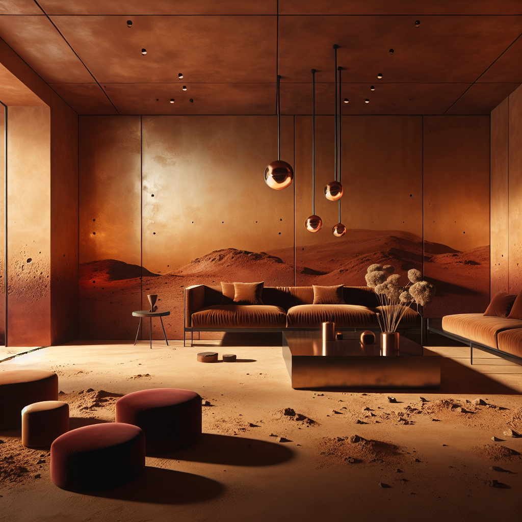 Hyperrealistic Mars-inspired minimalist interior with terracotta walls, amber lighting, copper accents, and oxblood velvet furniture.