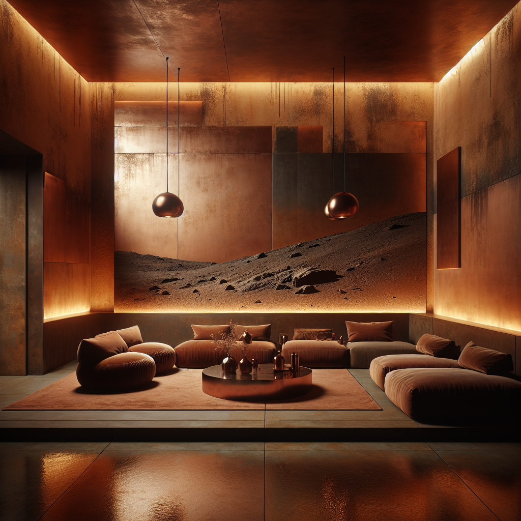 Hyperrealistic Mars-inspired minimalist interior with terracotta walls, amber lighting, copper accents, and oxblood velvet furniture.