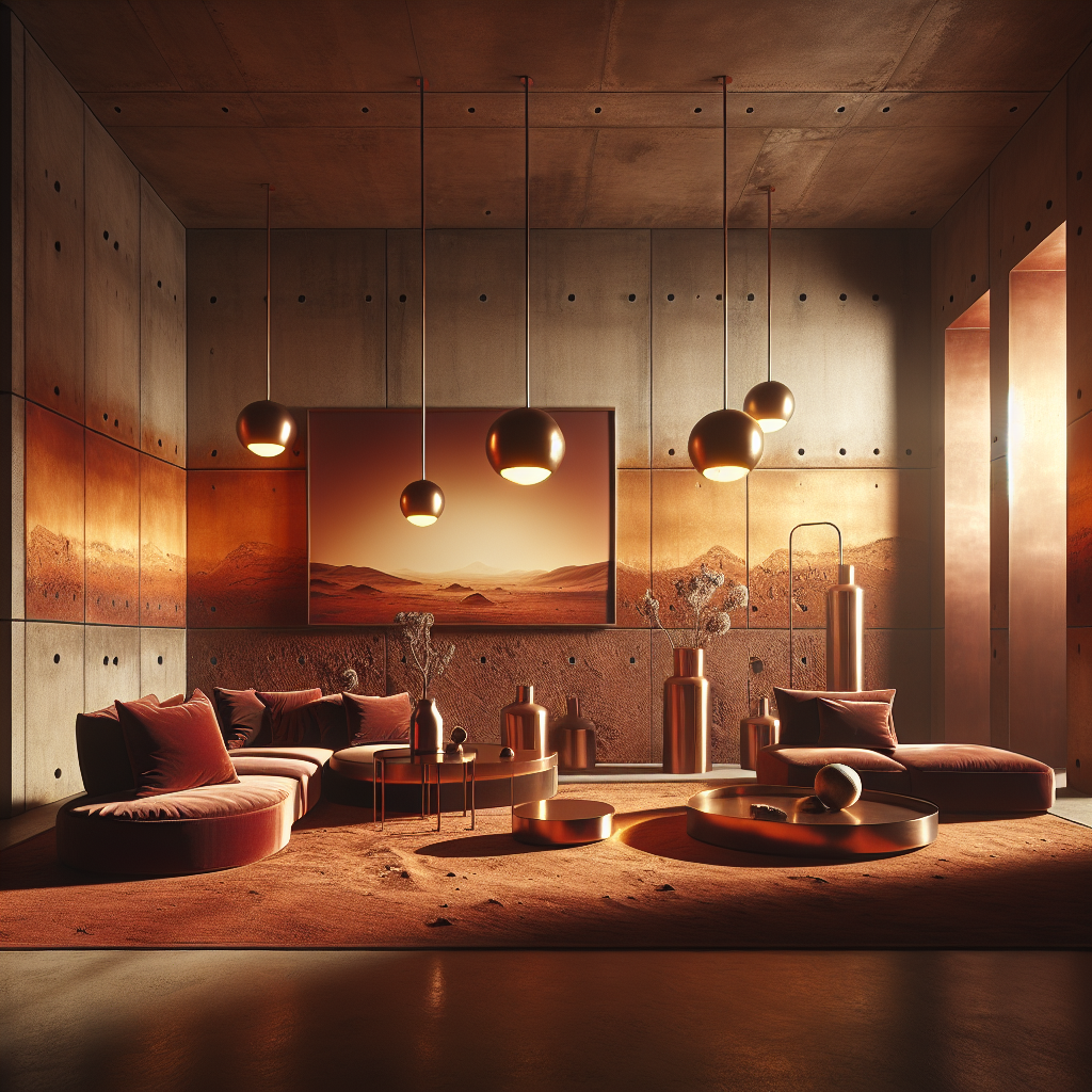 Hyperrealistic Mars-inspired minimalist interior with terracotta walls, amber lighting, copper accents, and oxblood velvet furniture.