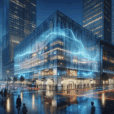 Futuristic retail building with transparent OLED façade displaying dynamic visuals at night, reflecting city lights and wet streetscape.