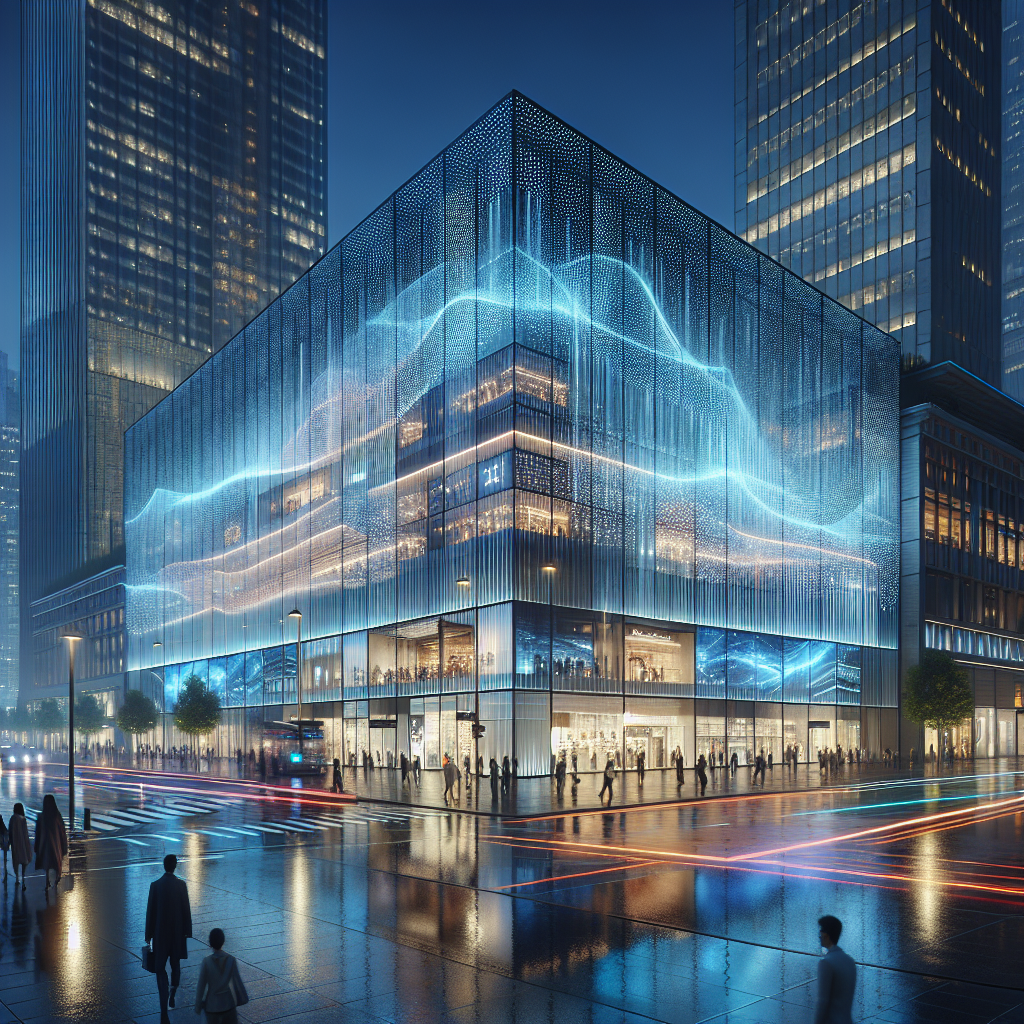 Futuristic retail building with transparent OLED façade displaying dynamic visuals at night, reflecting city lights and wet streetscape.