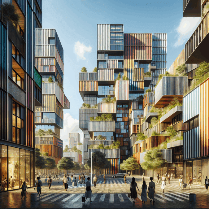 Hyperrealistic cityscape with striped façades of glass, terracotta, aluminum, and timber showcasing sustainable, biophilic urban design.