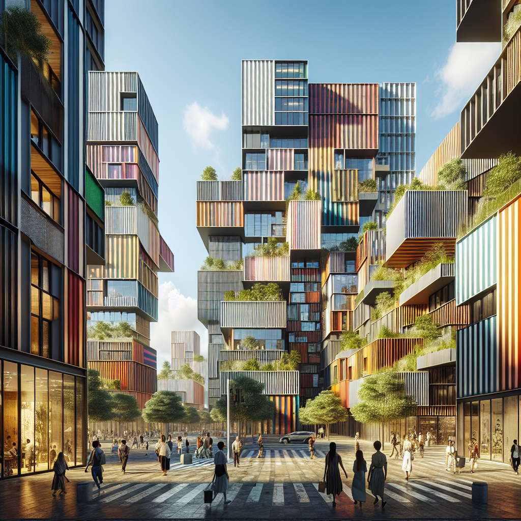 Hyperrealistic cityscape with striped façades of glass, terracotta, aluminum, and timber showcasing sustainable, biophilic urban design.