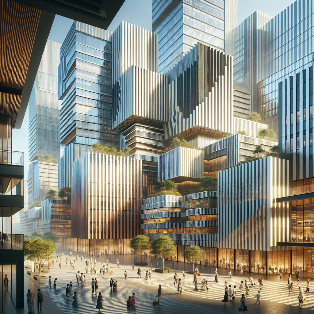 Hyperrealistic cityscape with striped façades of glass, terracotta, aluminum, and timber showcasing sustainable, biophilic urban design.