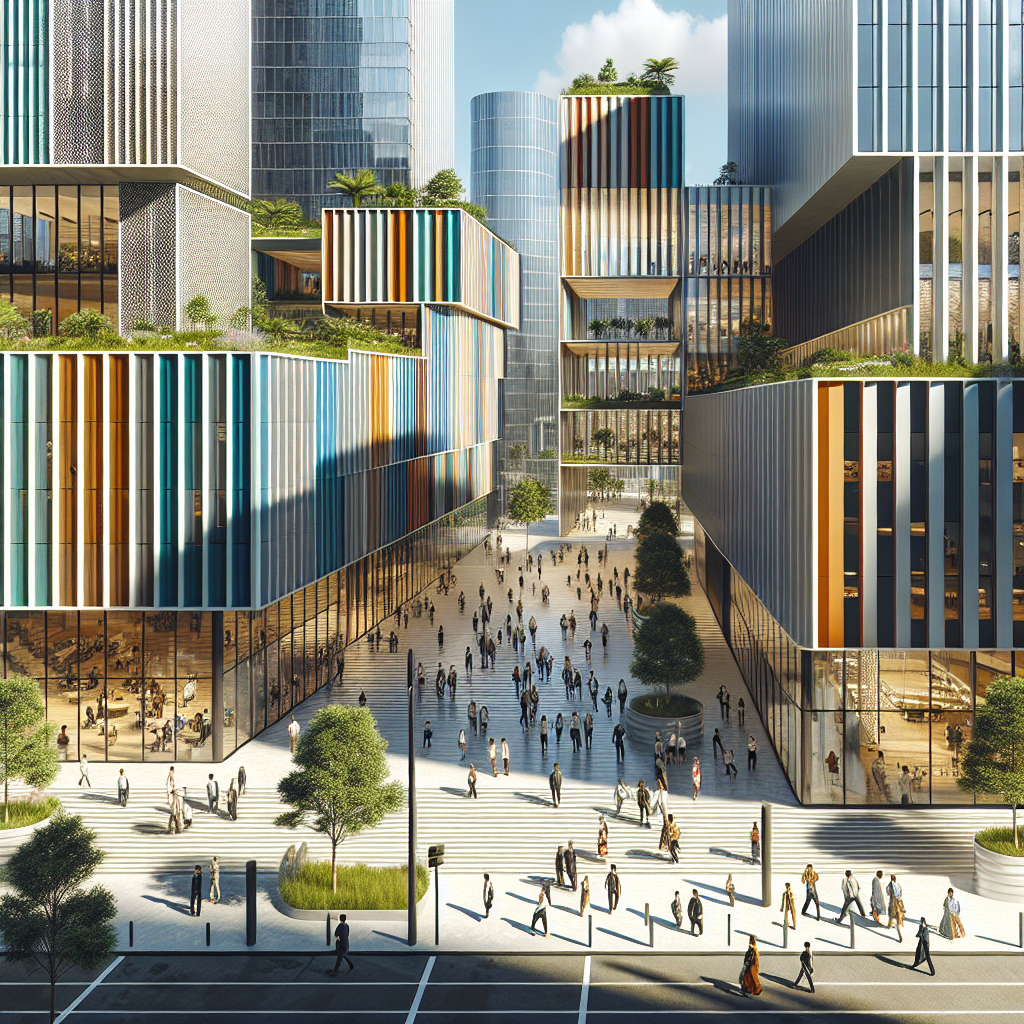 Hyperrealistic cityscape with striped façades of glass, terracotta, aluminum, and timber showcasing sustainable, biophilic urban design.