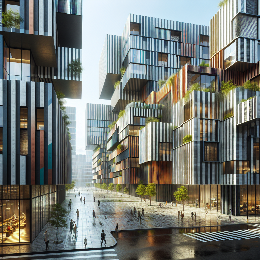 Hyperrealistic cityscape with striped façades of glass, terracotta, aluminum, and timber showcasing sustainable, biophilic urban design.
