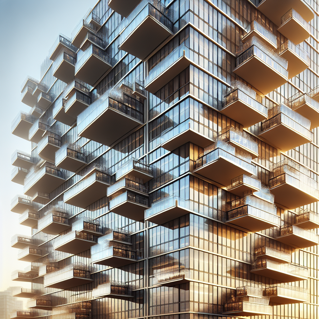 Hyperrealistic modern high-rise with rotating glass, titanium, and steel balconies reflecting sunset over city skyline, kinetic architecture.
