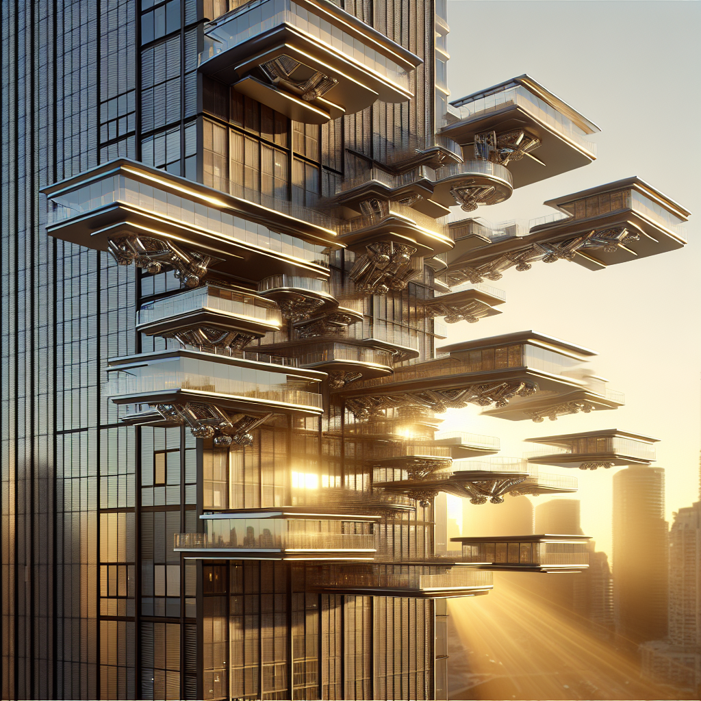Hyperrealistic modern high-rise with rotating glass, titanium, and steel balconies reflecting sunset over city skyline, kinetic architecture.