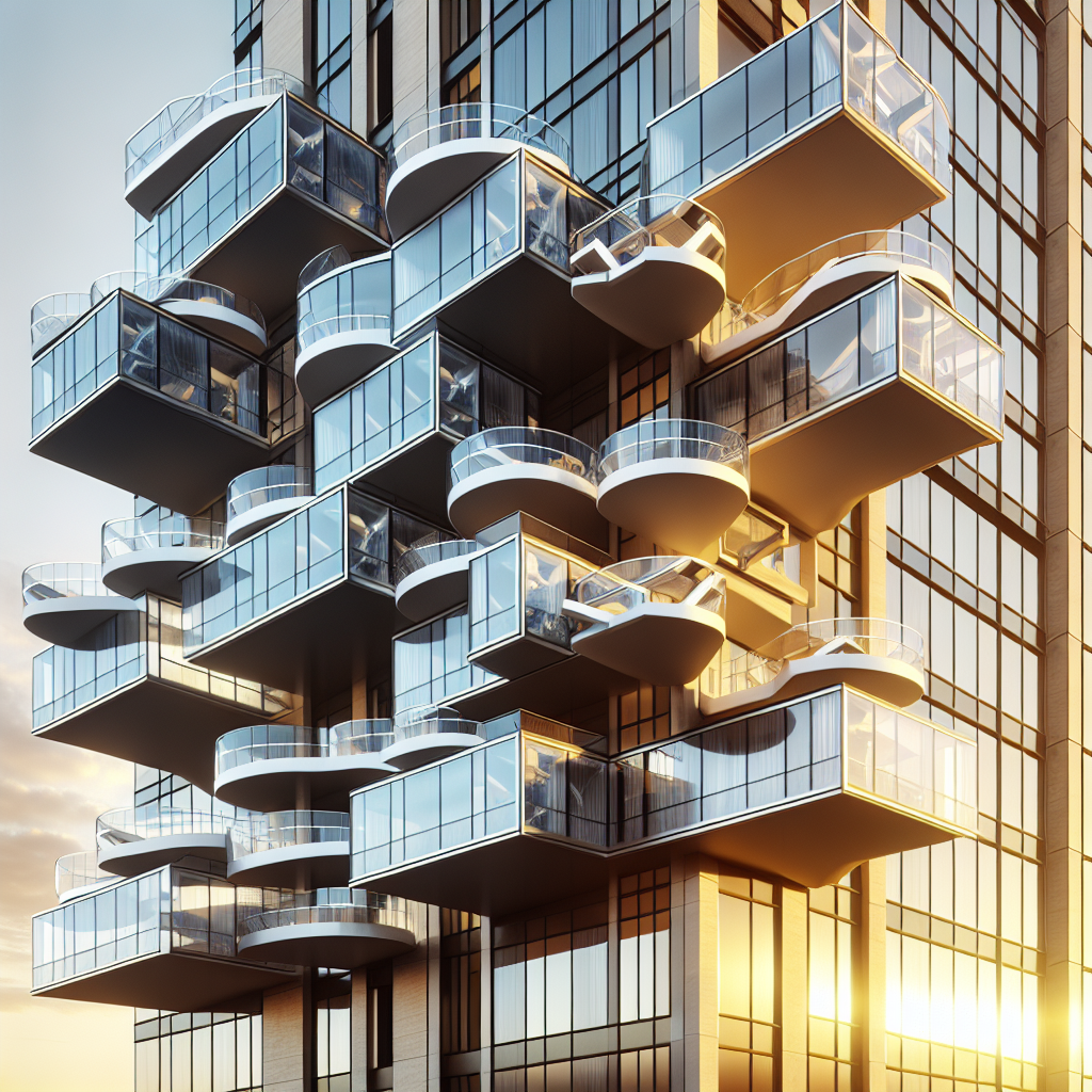 Hyperrealistic modern high-rise with rotating glass, titanium, and steel balconies reflecting sunset over city skyline, kinetic architecture.