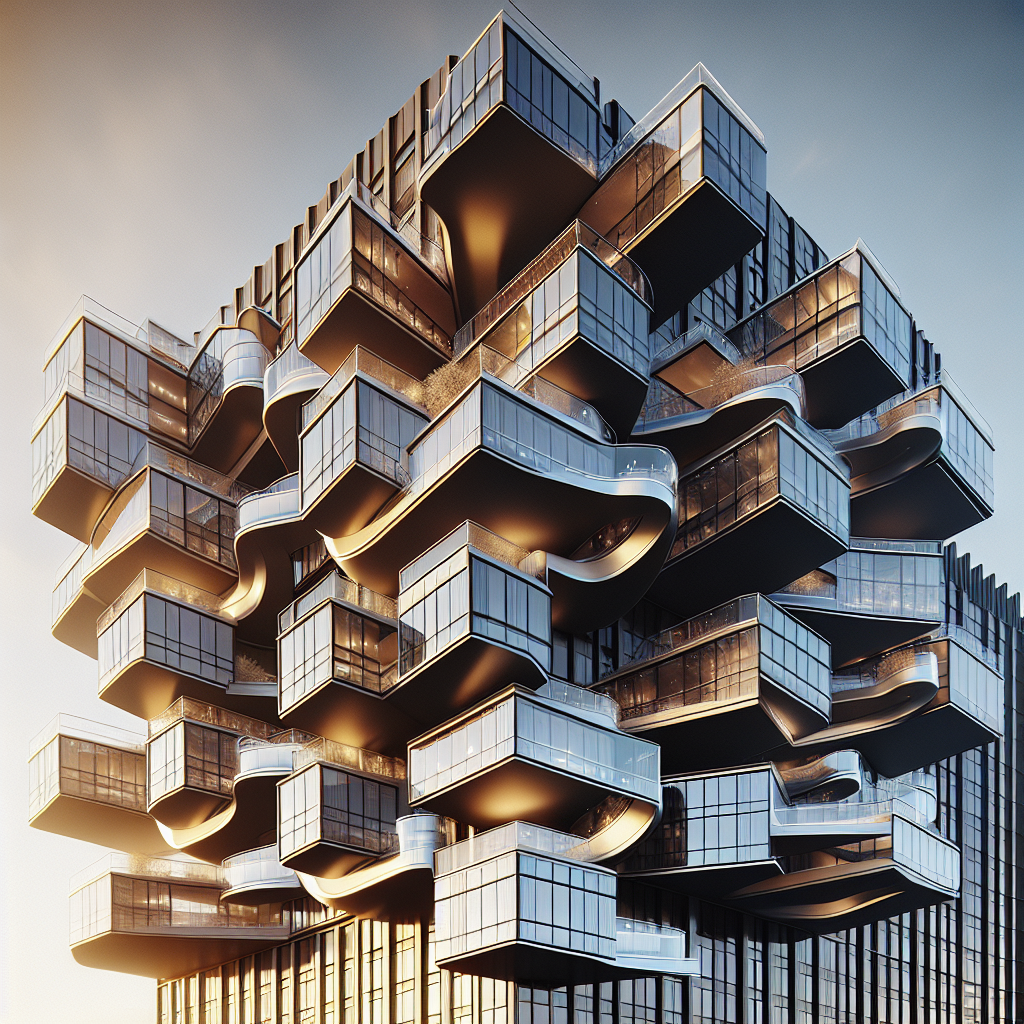 Hyperrealistic modern high-rise with rotating glass, titanium, and steel balconies reflecting sunset over city skyline, kinetic architecture.