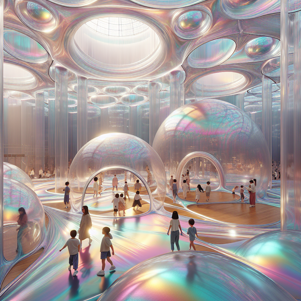 Children exploring a glowing translucent inflatable labyrinth of shimmering TPU membranes, blending art, architecture, light, and sustainable design.