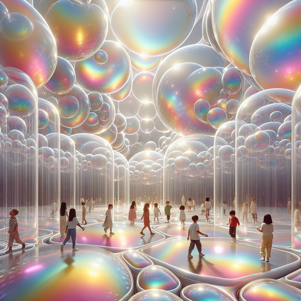 Children exploring a glowing translucent inflatable labyrinth of shimmering TPU membranes, blending art, architecture, light, and sustainable design.