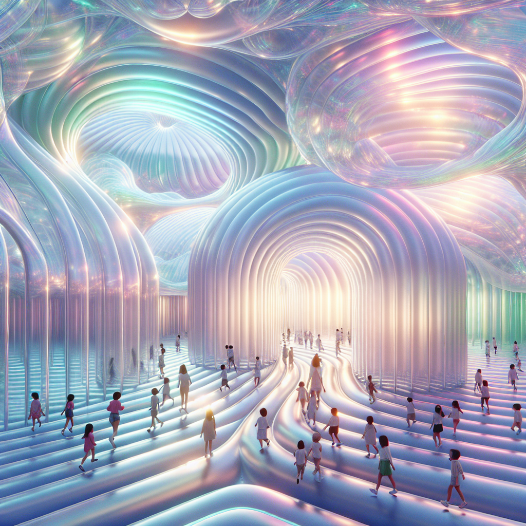 Children exploring a glowing translucent inflatable labyrinth of shimmering TPU membranes, blending art, architecture, light, and sustainable design.