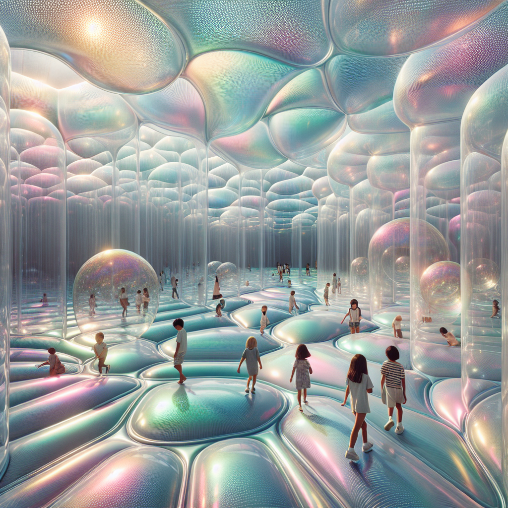 Children exploring a glowing translucent inflatable labyrinth of shimmering TPU membranes, blending art, architecture, light, and sustainable design.