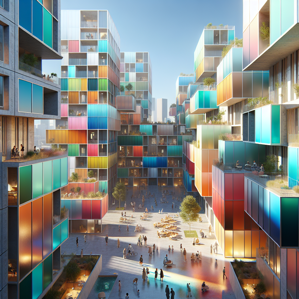 Futuristic communal housing complex in Rotterdam with color-coded apartments, sustainable design, rooftop gardens, and modern architectural details.