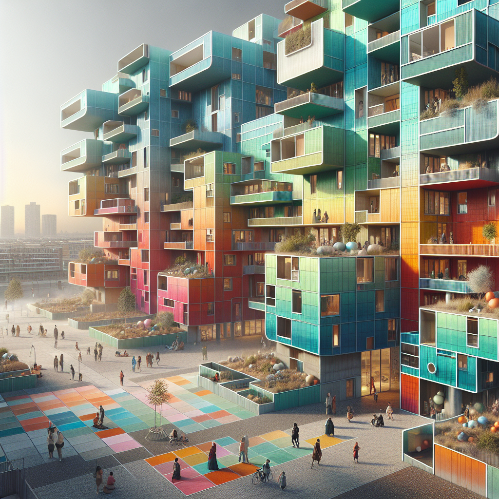Futuristic communal housing complex in Rotterdam with color-coded apartments, sustainable design, rooftop gardens, and modern architectural details.