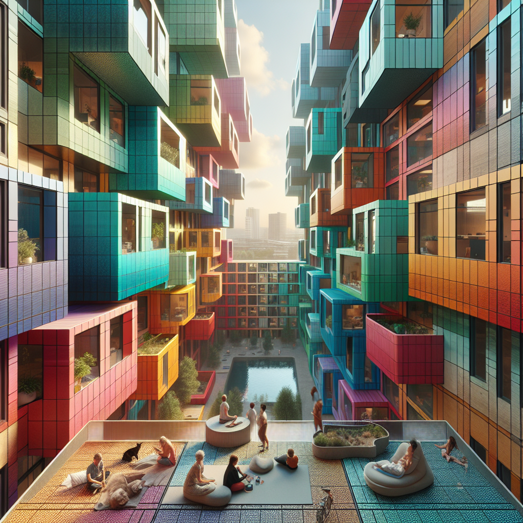 Futuristic communal housing complex in Rotterdam with color-coded apartments, sustainable design, rooftop gardens, and modern architectural details.